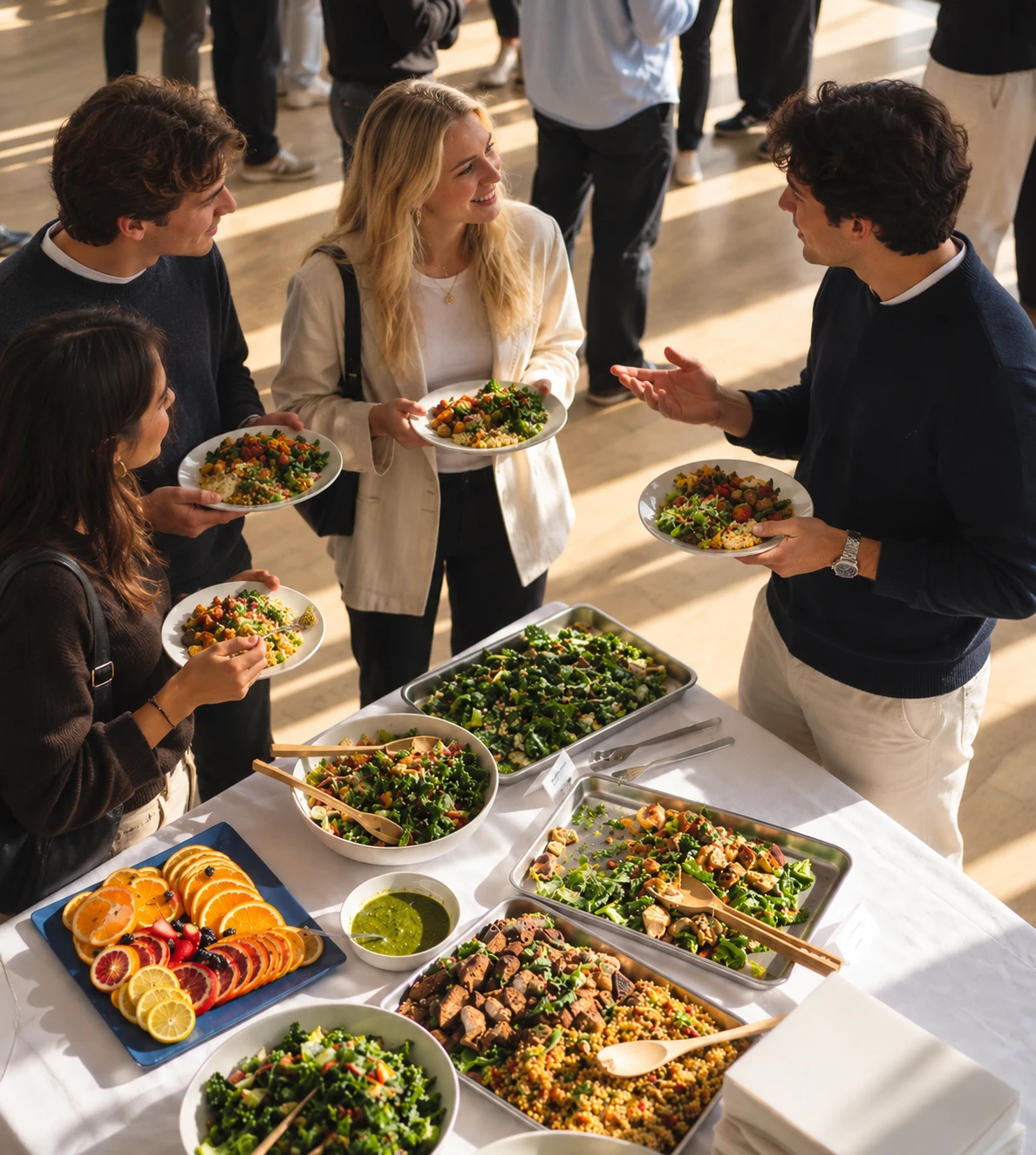 Collega's scheppen op bij een buffet met salades, couscous en fruit